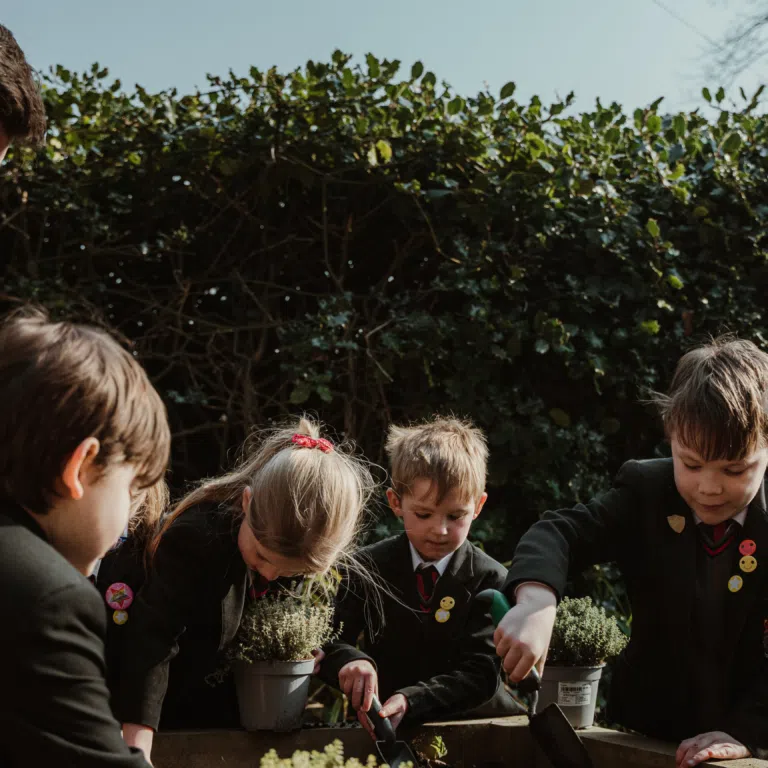 Group of students in school uniforms planting herbs in pots with a supervising adult outdoors.