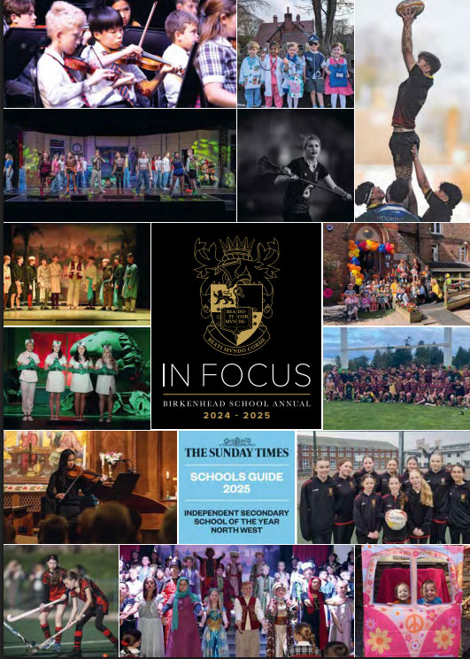 Collage of Birkenhead School students in music, drama, sports, and group photos for the 2024–2025 In Focus annual.